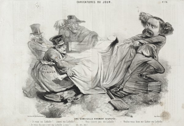 Caricature du Jour: No. 78, Un Demoisellevivement diisputée. Creator: Charles-Émile Jacque (French, 1813-1894).