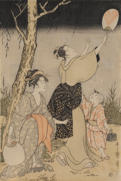Catching Fireflies Beneath a Willow Tree (left), c. 1796-1797. Creator: Kitagawa Utamaro (Japanese, 1753?-1806).