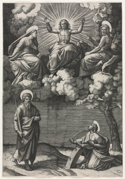 Christ, the Virgin, and St. John the Baptist with Saints Paul and Catherine, c. 1520-1525. Creator: Marcantonio Raimondi (Italian, 1470/82-1527/34).