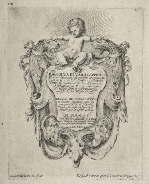 Collection of Various Caprices and New Designs of Cartouches and Ornaments: No 1, Title Page. Creator: Stefano Della Bella (Italian, 1610-1664).