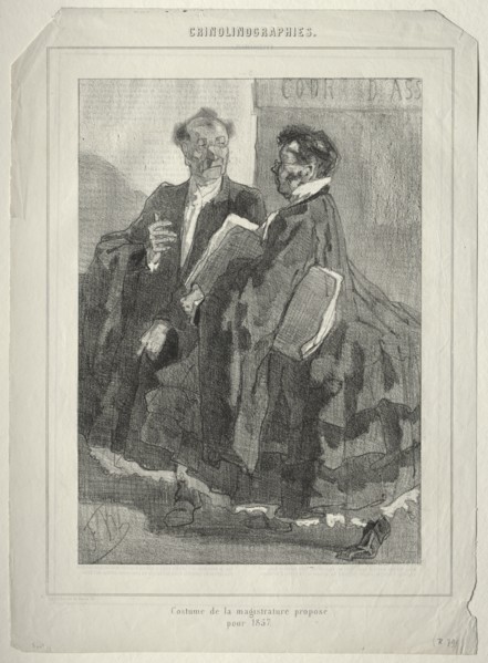 Crinolinographies. Costume de la magistrature proposé pour 1857. Creator: Félicien Rops (Belgian, 1833-1898).