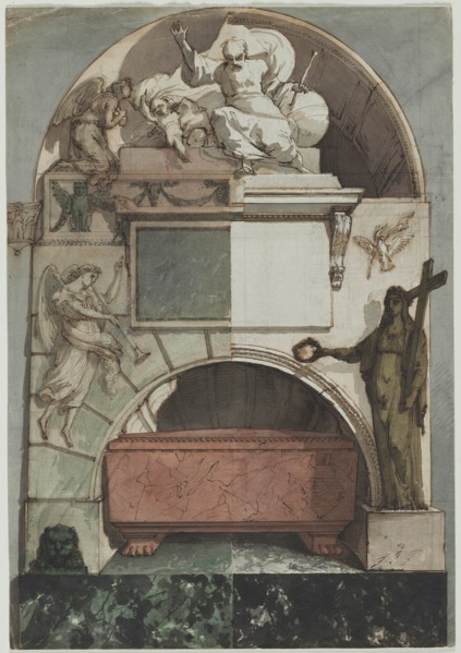 Design for a Fresco of an Artist's Tomb in the Certosa of Bologna (recto)..., c. 1810-1820. Creator: Pietro Fancelli (Italian, 1764-1850).