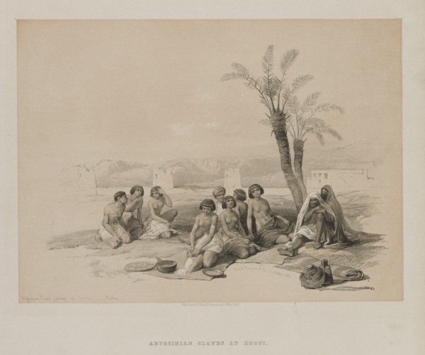 Egypt and Nubia, Volume I: Abyssinian Slaves Resting at Korti-Nubia, 1847. Creator: Louis Haghe (British, 1806-1885); F.G.Moon, 20 Threadneedle Street, London.