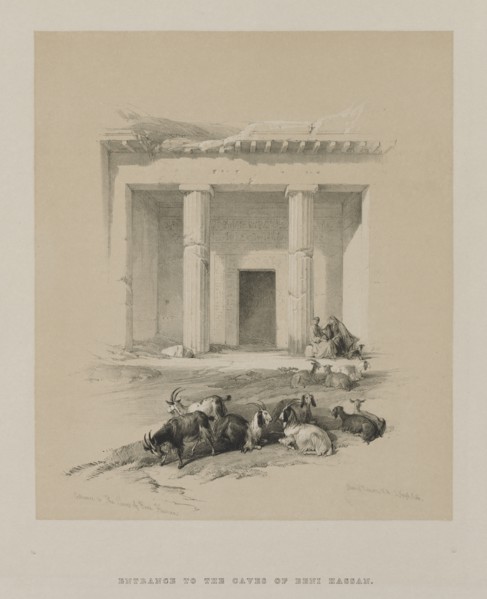 Egypt and Nubia, Volume I: Entrance to the Caves of Beni-Hasan, 1847. Creator: Louis Haghe (British, 1806-1885); F.G.Moon, 20 Threadneedle Street, London.