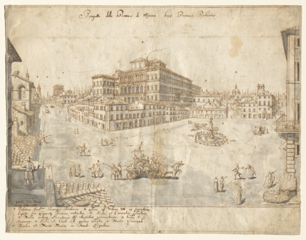 Eighteen Views of Rome: The Piazza Barberini (recto), 1665. Creator: Lievin Cruyl (Flemish, c. 1640-c. 1720).