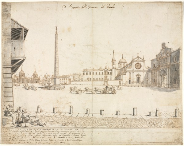 Eighteen Views of Rome: The Piazza del Popolo (recto)..., 1664. Creator: Lievin Cruyl (Flemish, c. 1640-c. 1720).
