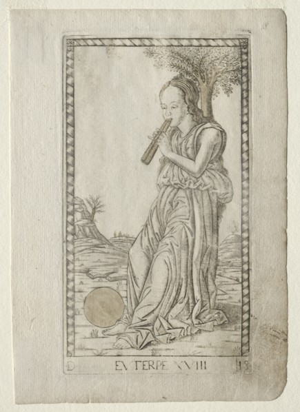 Euterpe (music, lyric poetry) (from the Tarocchi series D..., before 1467. Creator: Master of the E-Series Tarocchi (Italian, 15th century).
