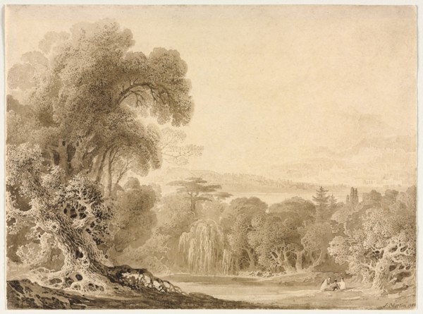 Figures Seated by a Lake in a Wooded Landscape, 1820. Creator: John Martin (British, 1789-1854).
