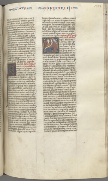 Fol. 257r, Ecclesiasticus, historiated initial O, Sirach seated with a scroll, bust of God above, c. Creator: Unknown.