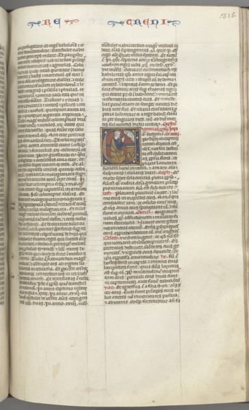 Fol. 315r, Lamentations, historiated initial E, a kneeling Jeremiah praying to a bust of God, c. 127 Creator: Unknown.