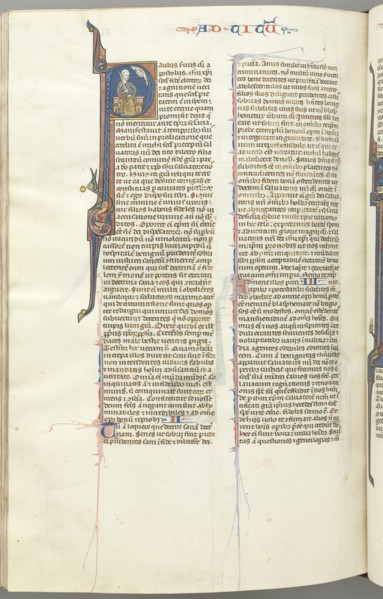 Fol. 458v, Titus, historiated initial P, Paul seated with a sword, c. 1275-1300. Creator: Unknown.