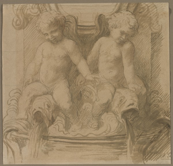 Fountain with Putti Riding Dolphins, last half 1800s. Creator: Alphonse Legros (French, 1837-1911).