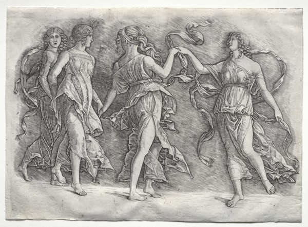 Four Dancing Muses, c. 1497. Creator: the so-called Premier Engraver (Italian), probably by ; Andrea Mantegna (Italian, 1431-1506).