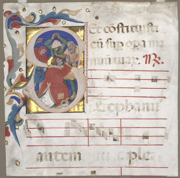 Fragment of an Antiphonary with Historiated Initial (S): The Stoning of St. Stephen, c. 1370-1372. Creator: Nicolò da Bologna (Italian, c. 1325-1403).