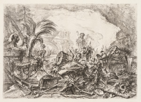 Groteschi: Ruins with a Statue of a Faun and a Fallen Column, ca. 1745-50. Creator: Giovanni Battista Piranesi (Italian, 1720-1778).