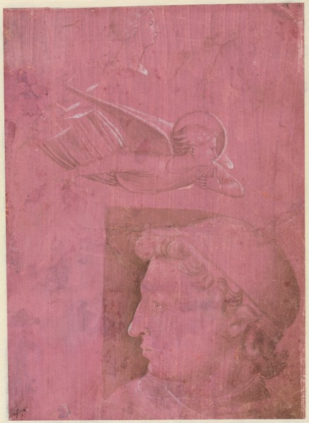 Head of a Man, Two Studies of a Woman's Profile, and a Study of An Angel (verso), c. 1458. Creator: Benozzo Gozzoli (Italian, 1420-1497).
