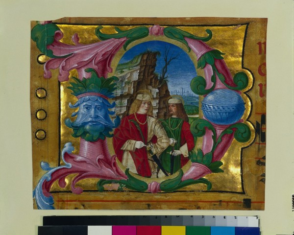 Historiated Initial (D) Excised from a Choir Book: Two Martyr Saints, c. 1500-1510. Creator: Girolamo dai Libri (Italian, 1474-1555), circle of.