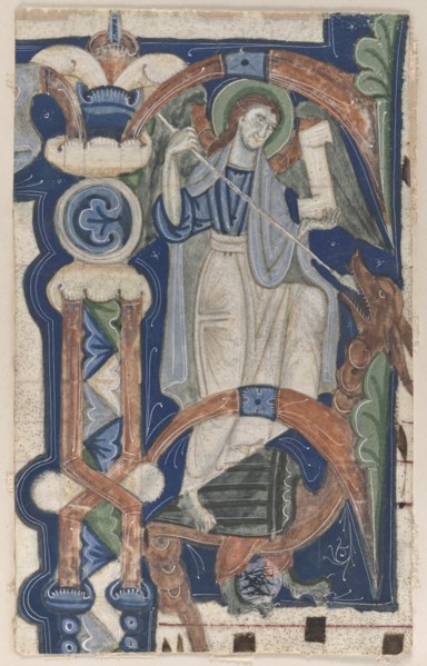 Historiated Initial (P) Excised from a Choral Book: St. Michael and the Dragon, early 1200s. Creator: Unknown.