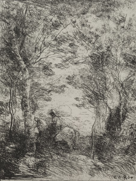 Horseman in the Woods, original impression 1854, printed in 1921. Creator: Jean Baptiste Camille Corot (French, 1796-1875); M. Le Garrec.