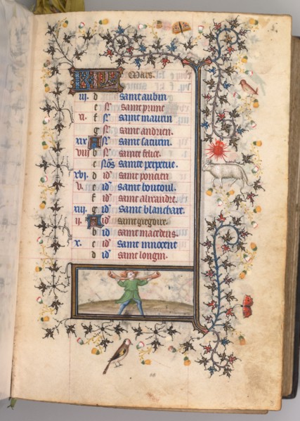 Hours of Charles the Noble, King of Navarre (1361-1425): fol. 3r, March, c. 1405. Creator: Master of the Brussels Initials and Associates (French).