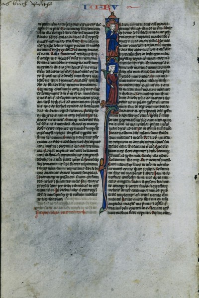 Initial I with Elimelech and Naomi: Leaf from a Latin Bible (1 of 2 Excised Leaves) , c. 1250. Creator: Johannes Grusch Atelier (French).