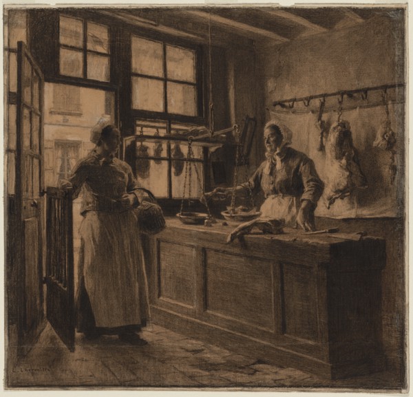 Interior of a Butcher Shop, c. 1881. Creator: Léon Augustin Lhermitte (French, 1844-1925).