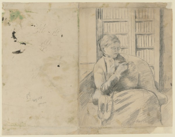Knitting in the Library (recto); Knitting in the Library (verso), c. 1881. Creator: Mary Cassatt (American, 1844-1926).
