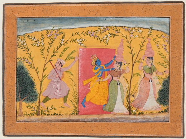 Krishna Exacts a toll from the Milkmaids, from a Bhagavata Purana, c. 1600. Creator: Unknown.