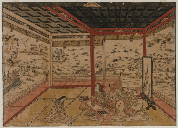 Lady Murasaki at Ishiyama Overlooking a Panorama with Seven Views of Lake Biwa, 1740s. Creator: Okumura Masanobu (Japanese, 1686-1764).
