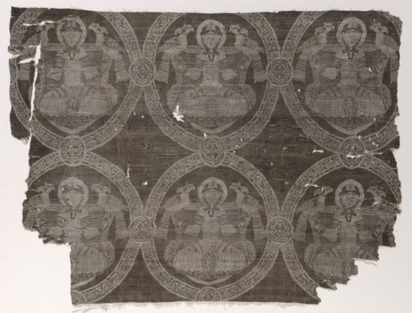 Lampas fragment with seated prince holding falcons in kufic medallions, 1654-1955. Creator: Unknown.