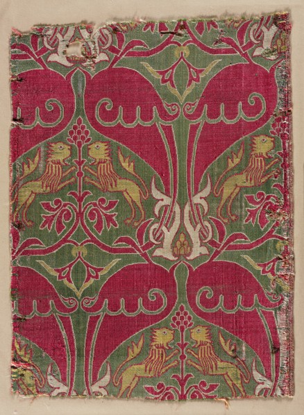 Lampas with rampant lions, palmettes, and escutcheons, 1400s. Creator: Unknown.
