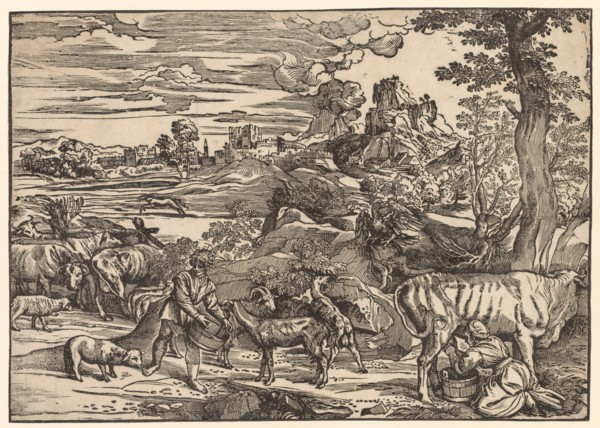 Landscape with a Milkmaid, c. 1525. Creator: Niccolo Boldrini (Italian, c. 1500-aft 1566).