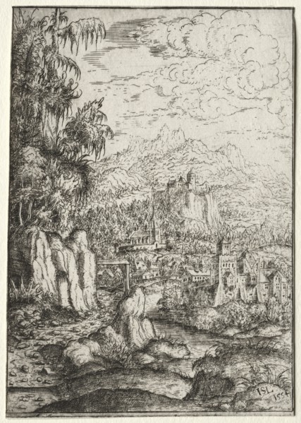 Landscape with a Road to a Castle on an Island in a River, 1554. Creator: Hanns Lautensack (German, 1524-1566).