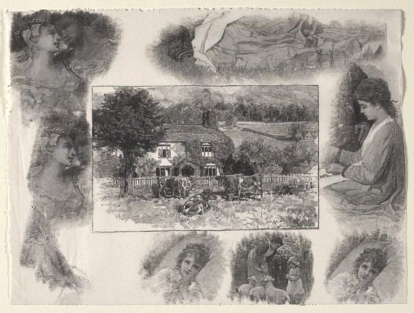Landscape with Cottage and Cows Surrounded by Various Sketches. Creator: Henry Wolf (American, 1852-1916).