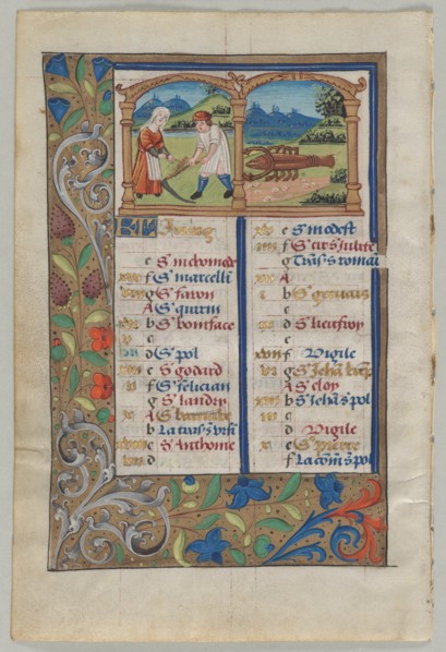 Leaf from a Book of Hours: Calendar Page for June (verso), c. 1510. Creator: Unknown.