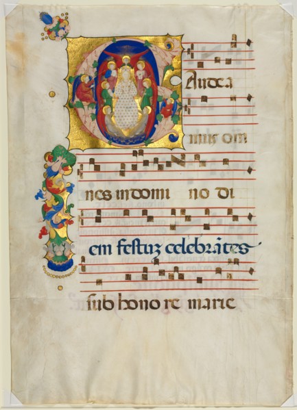 Leaf from a Gradual with Historiated Initial (G): Mary as Queen of Heaven, c. 1425-1450. Creator: Unknown.