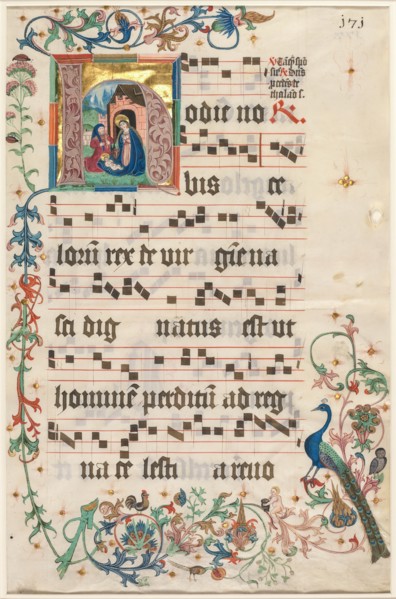 Leaf from an Antiphonary: Initial H with the Nativity (recto), c. 1480. Creator: Unknown.