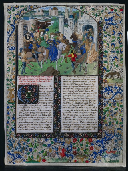 Leaf from Jehan de Courcy's "Chronique Universelle": King Priam Meets Helen and Paris..., c. 1470. Creator: Unknown.