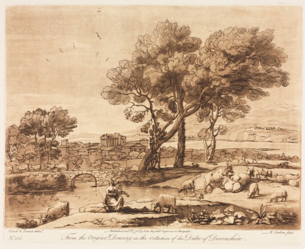 Liber Veritatis: No. 135, A Landscape, with Buildings, Mercury Stealing Admetuss Cattle..., 1776. Creator: Richard Earlom (British, 1743-1822); John Boydell.