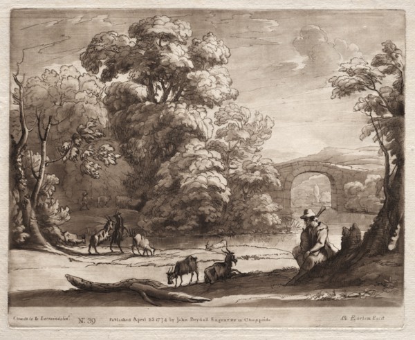 Liber Veritatis: No. 39, A Landscape with Herdsman Playing a Bagpipe and Goats Browsing, 1774. Creator: Richard Earlom (British, 1743-1822).