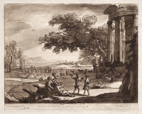 Liber Veritatis: No. 55, A Landscape with a Temple and a Nymph and Satyr Dancing, 1774. Creator: Richard Earlom (British, 1743-1822).