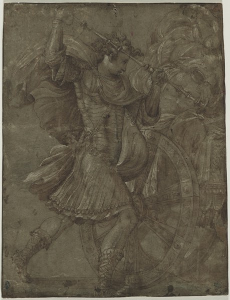 Man in Armor beside a Chariot, c. 1550. Creator: Francesco Salviati (Italian, 1510-1563), assistant of.