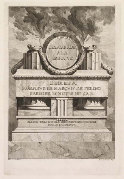 Mascarade à la Grecque: Dedication Page, 1771. Creator: Benigno Bossi (Italian, 1727-1792).