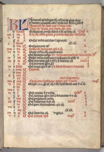 Missale: Fol. 8r: November Calendar Page, 1469. Creator: Bartolommeo Caporali (Italian, c. 1420-1503).