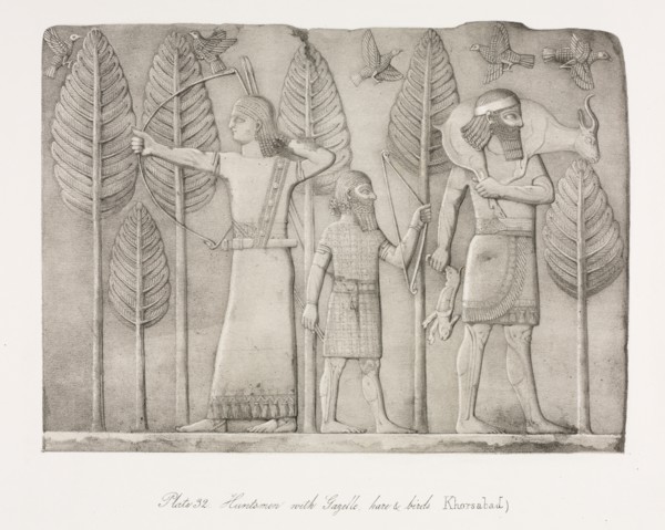 Monuments of Ninevah: Plate 32, Huntsmen with Gazelle, Hare and Birds (Khorsabad), 1853. Creator: Austen Henry Layard (British, 1817-1894).