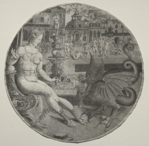 Naked Woman and a Dragon, 1523. Creator: Allaert Claesz (Netherlandish, fl. 1508-1534).