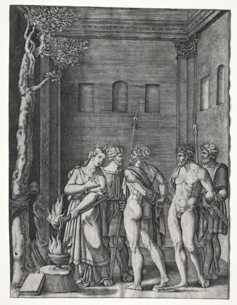 Orestes and Pylades brought to Iphigenia for Sacrifice, 1514/1536. Creator: Agostino Musi (Italian, 1490-1540).