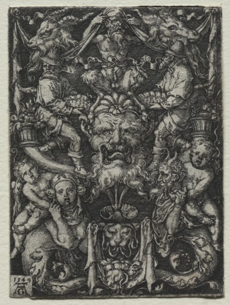 Ornament Design with a Mask, A Couple of Tritons, and Two Children Below, 1549. Creator: Heinrich Aldegrever (German, 1502-1555/61).