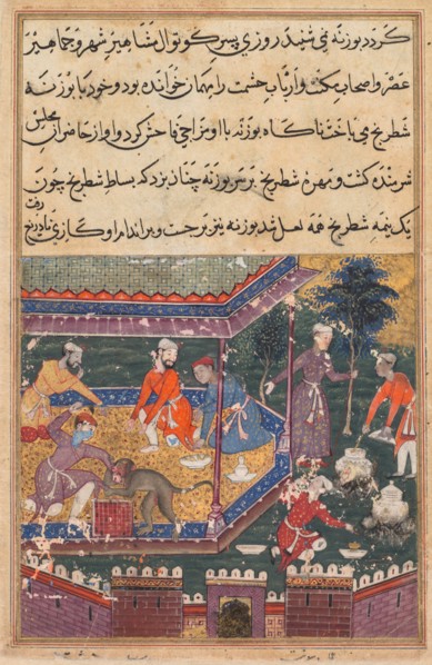 Page from Tales of a Parrot (Tuti-nama): Fifth night: The wounded monkey bites the hand?., c1560. Creator: Unknown.
