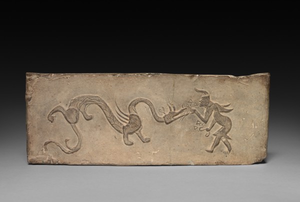 Panel from Model Cooking Stove: Fairy Feeding Lingzhi Fungus to a Dragon, 1st Century BC. Creator: Unknown.